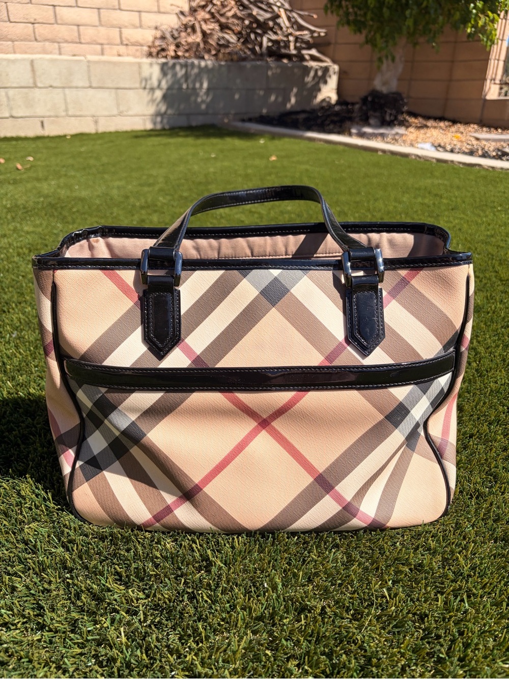 Burberry Beige Check Canvas Tote with Black Trim